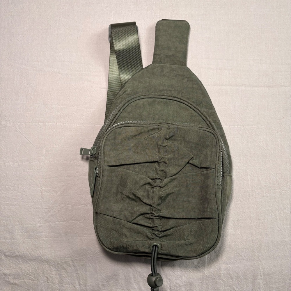 Unbranded Olive Green Nylon Sling Bag Crossbody Ruched Front Pocket Adjustable